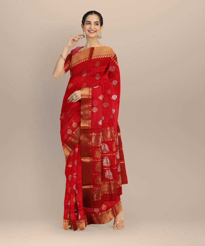 Red jari buti chanderi cotton silk handwoven saree