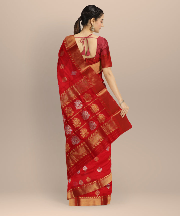 Red jari buti chanderi cotton silk handwoven saree