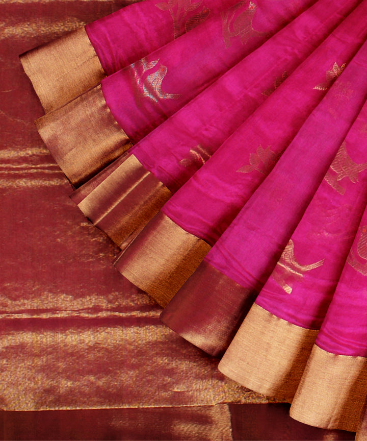 Pink gold jari chanderi cotton silk handwoven saree