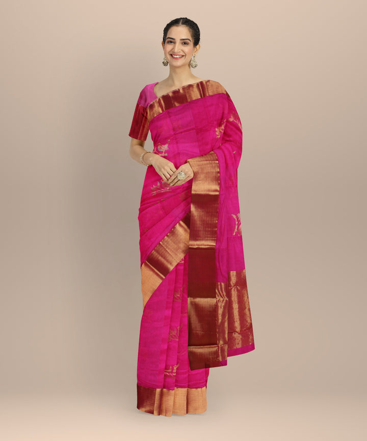 Pink gold jari chanderi cotton silk handwoven saree