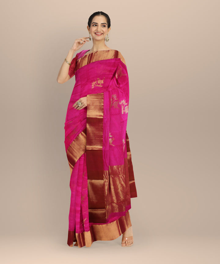 Pink gold jari chanderi cotton silk handwoven saree