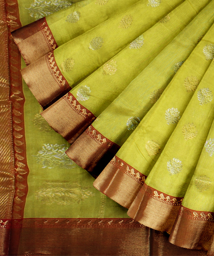 Lime green red chanderi cotton silk handwoven saree