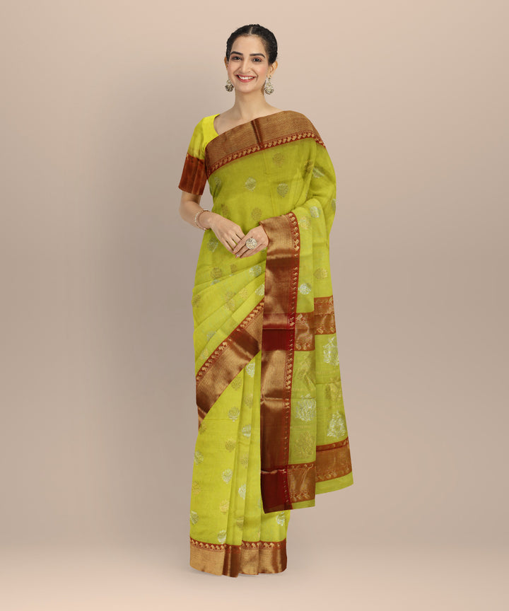 Lime green red chanderi cotton silk handwoven saree