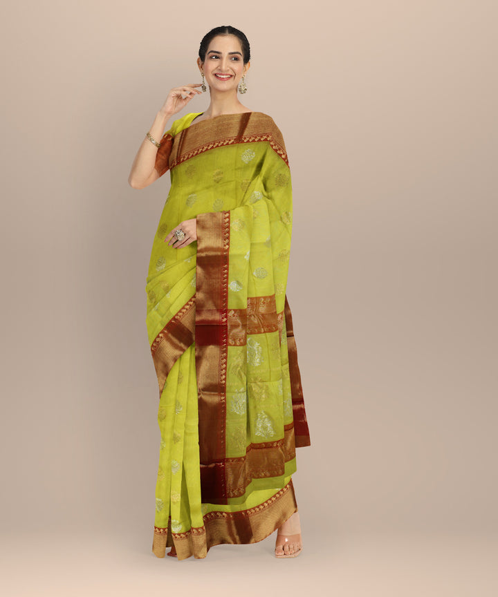 Lime green red chanderi cotton silk handwoven saree