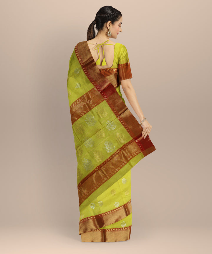 Lime green red chanderi cotton silk handwoven saree