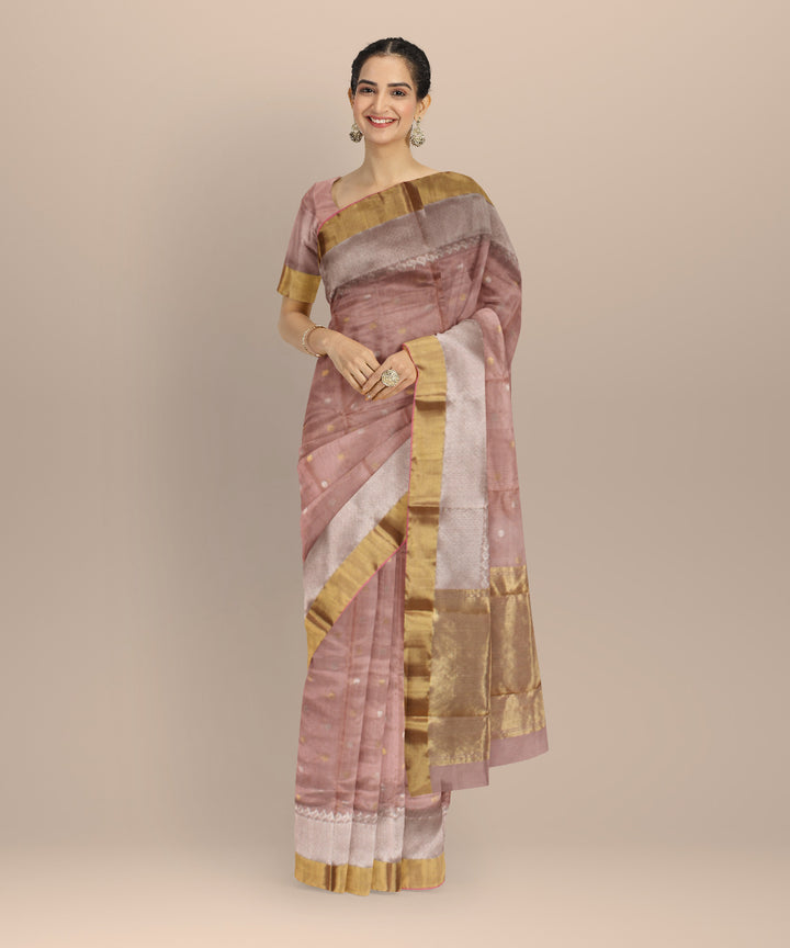 Pink golden jari chanderi cotton silk handwoven saree