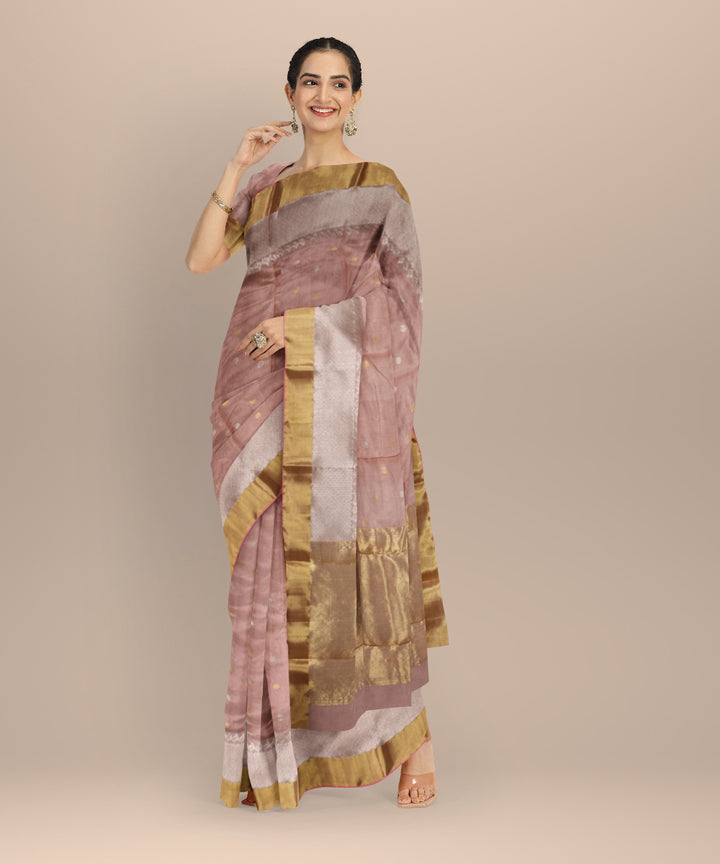 Pink golden jari chanderi cotton silk handwoven saree