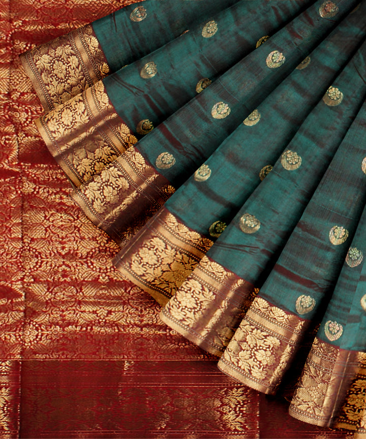Dark green red chanderi cotton silk handwoven saree