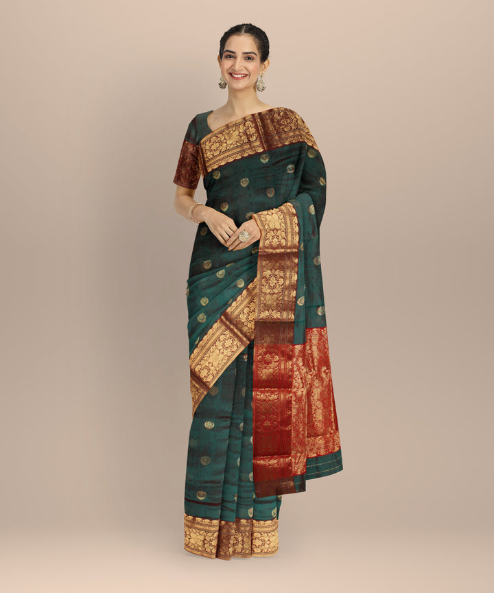Dark green red chanderi cotton silk handwoven saree
