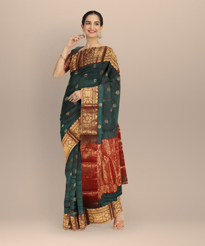 Dark green red chanderi cotton silk handwoven saree