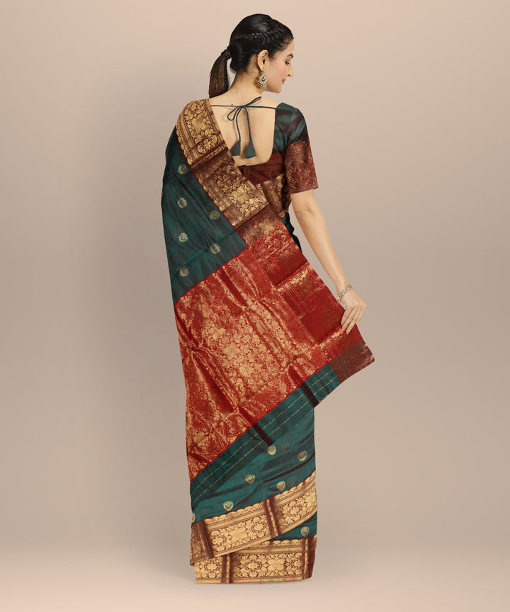 Dark green red chanderi cotton silk handwoven saree