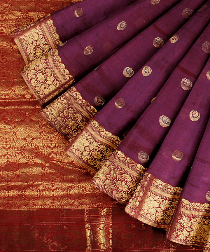 Purple red golden jari chanderi cotton silk handwoven saree
