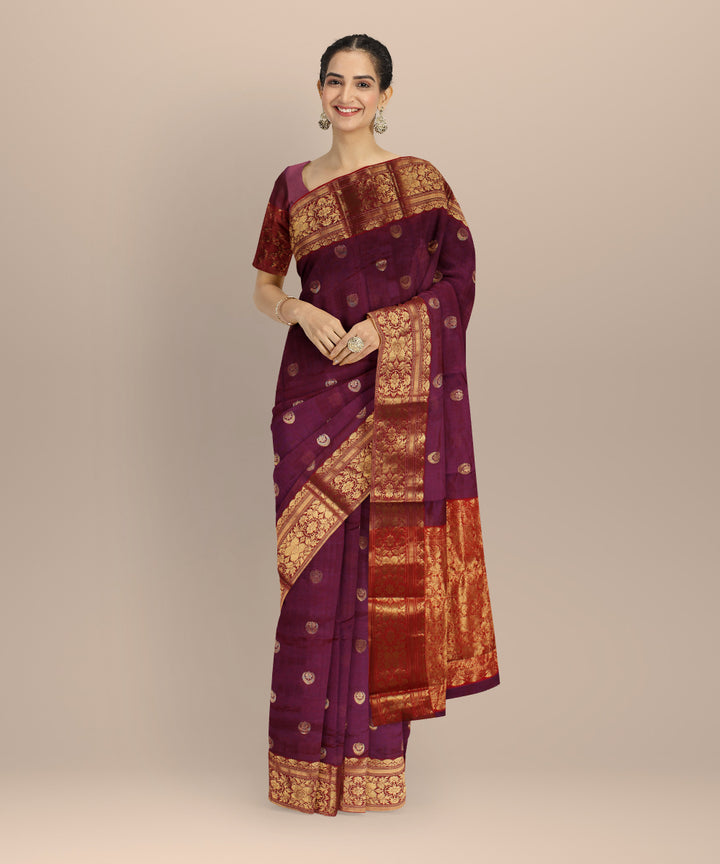 Purple red golden jari chanderi cotton silk handwoven saree