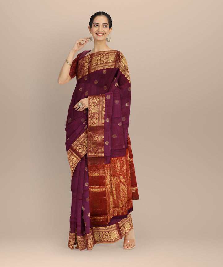 Purple red golden jari chanderi cotton silk handwoven saree