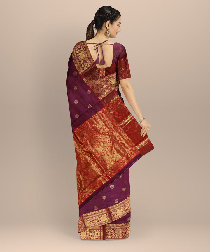 Purple red golden jari chanderi cotton silk handwoven saree