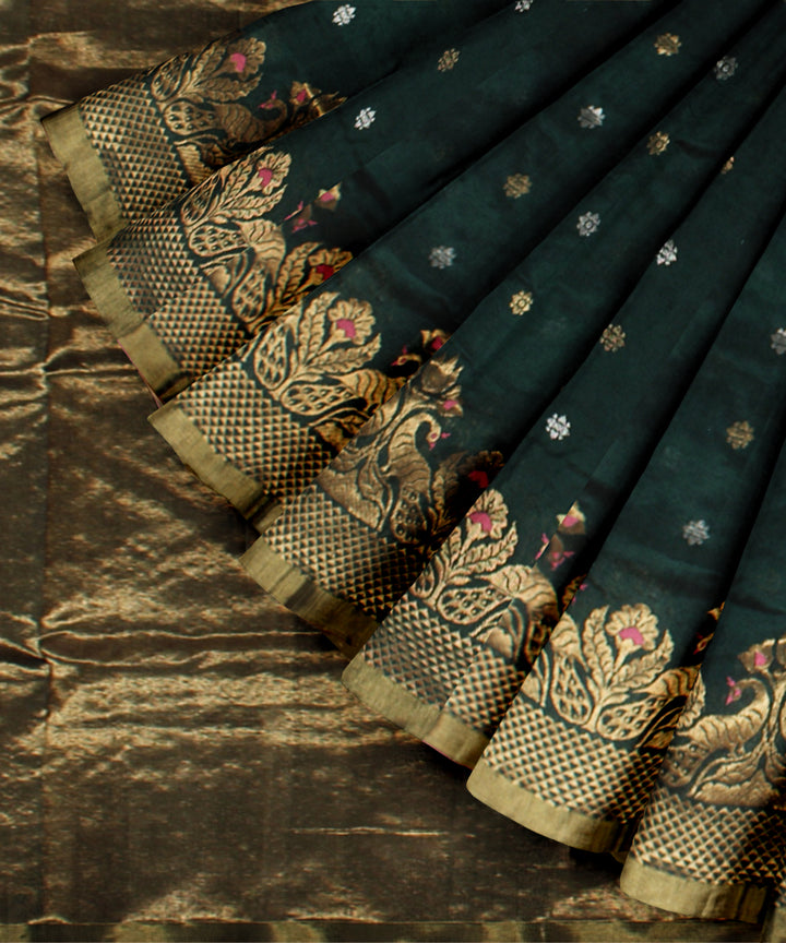 Dark green dark green chanderi cotton silk handwoven saree