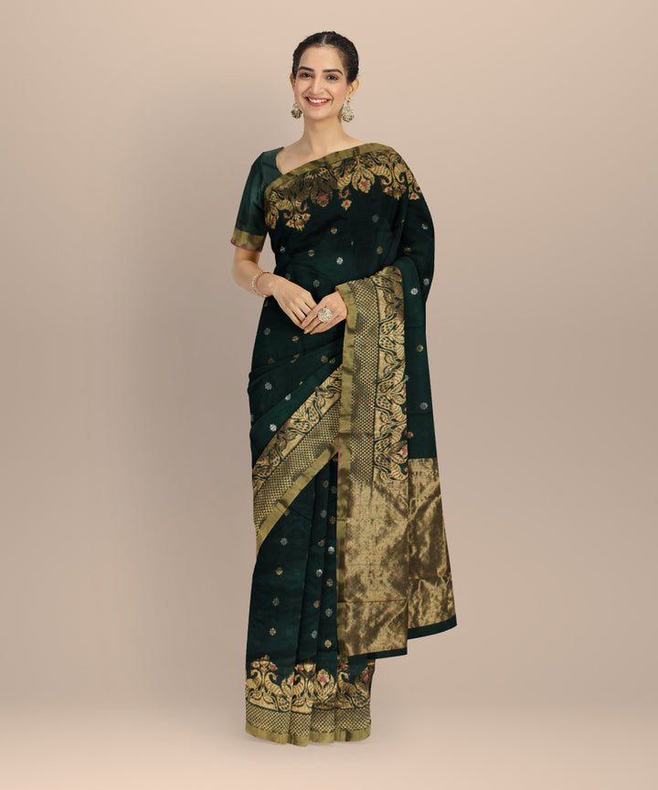 Dark green dark green chanderi cotton silk handwoven saree
