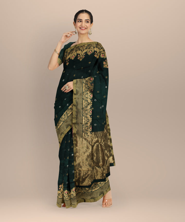Dark green dark green chanderi cotton silk handwoven saree