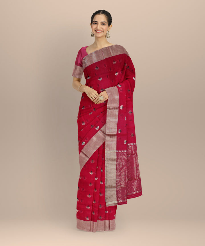 Pink silver jari buti cotton silk chanderi handwoven saree
