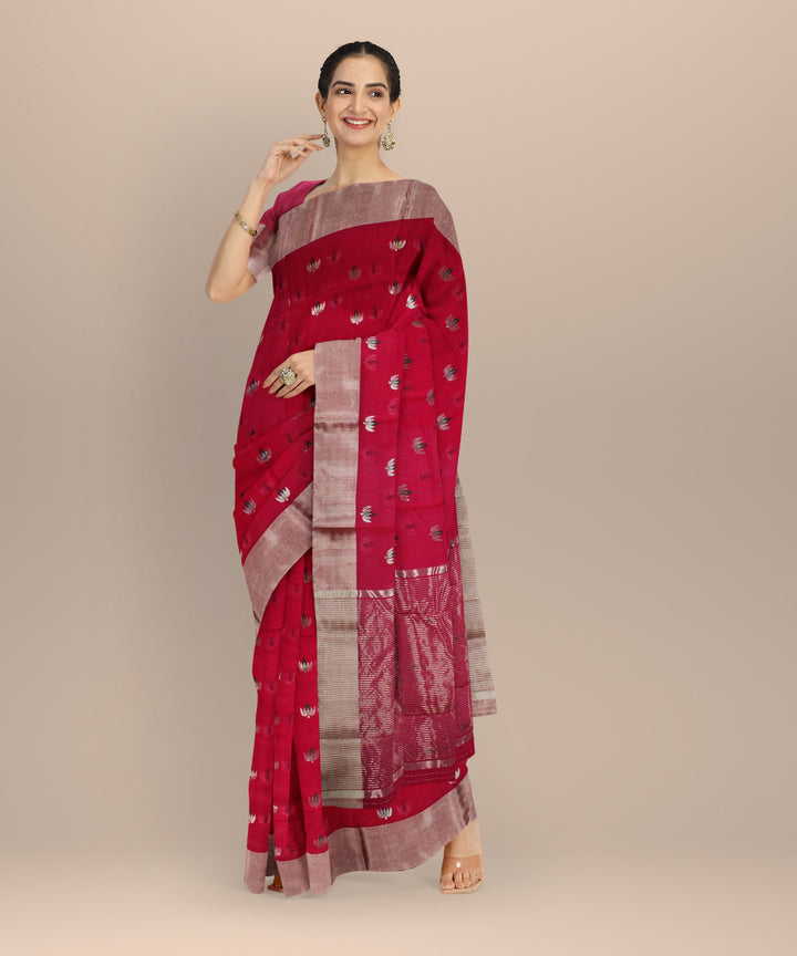 Pink silver jari buti cotton silk chanderi handwoven saree