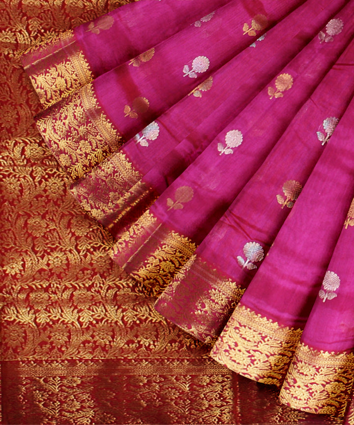 Pink red golden jari chanderi cotton silk handwoven saree
