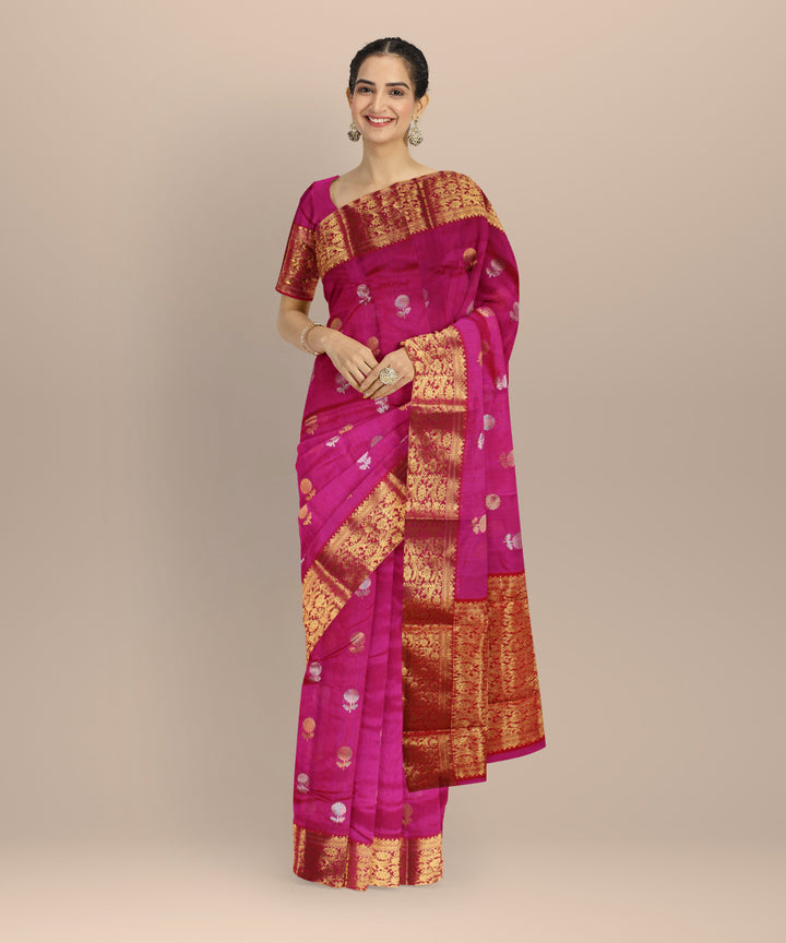 Pink red golden jari chanderi cotton silk handwoven saree
