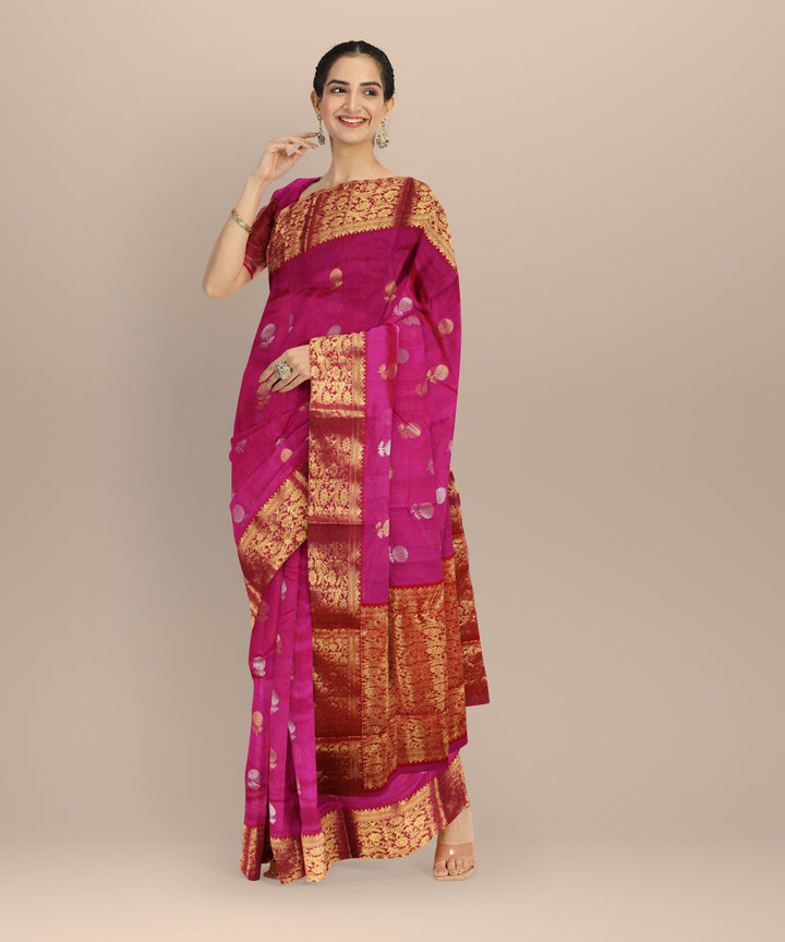 Pink red golden jari chanderi cotton silk handwoven saree