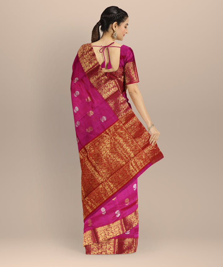 Pink red golden jari chanderi cotton silk handwoven saree