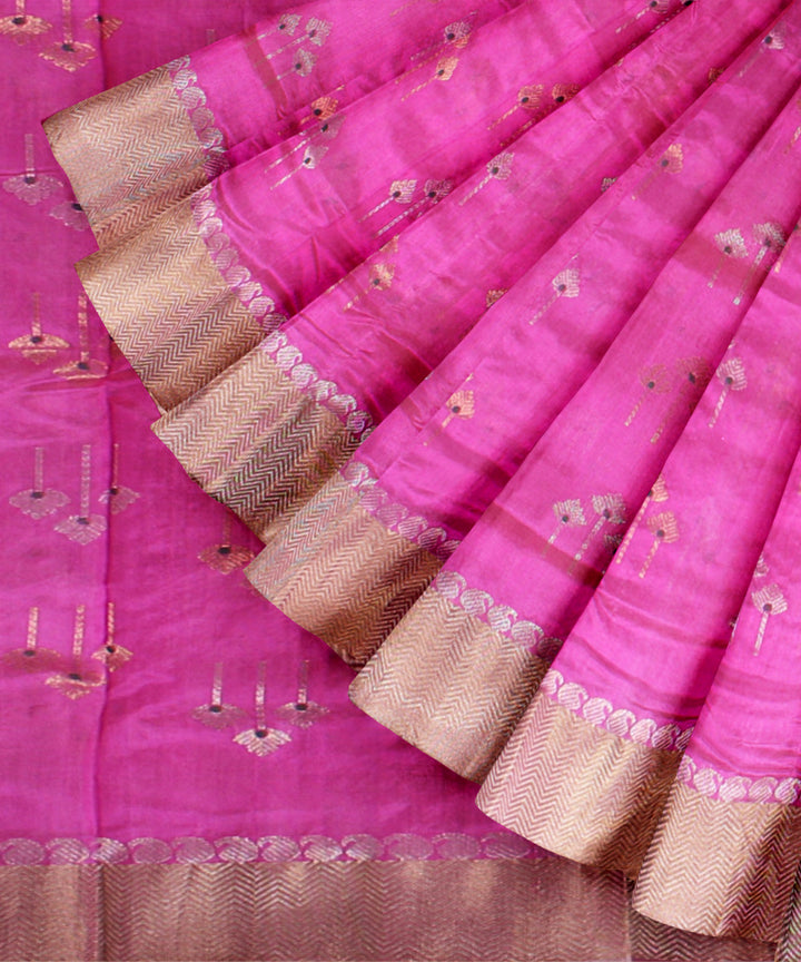 Pink silver jari buti handwoven chanderi cotton silk saree