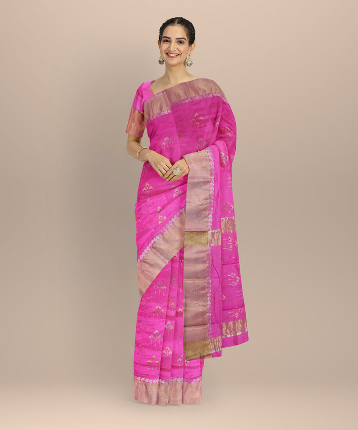 Pink silver jari buti handwoven chanderi cotton silk saree