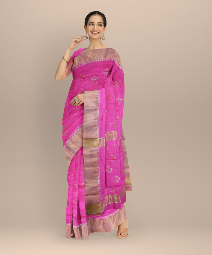 Pink silver jari buti handwoven chanderi cotton silk saree