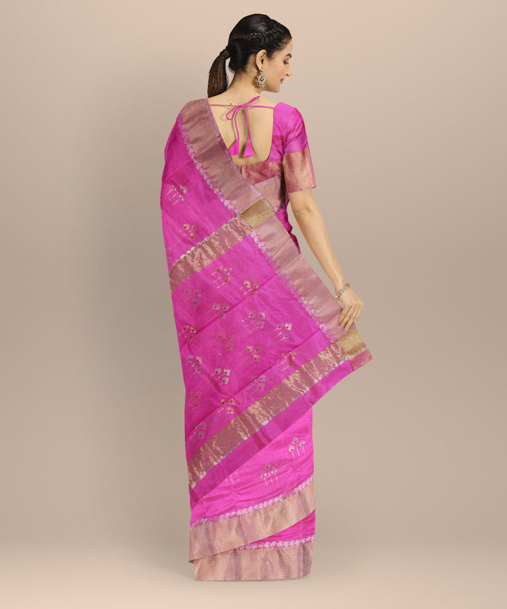 Pink silver jari buti handwoven chanderi cotton silk saree