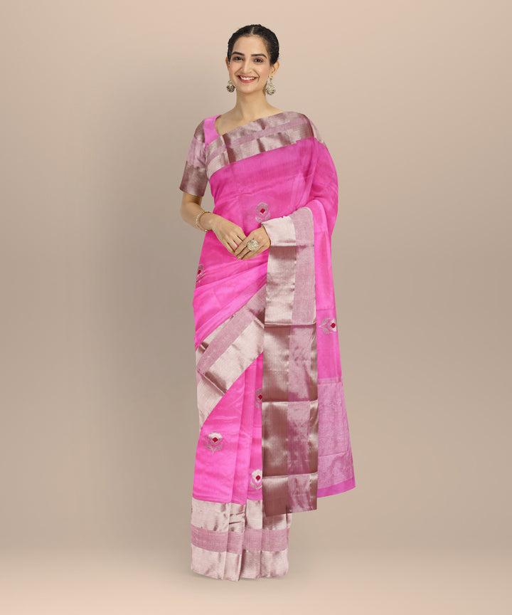 Pink silver jari buti chanderi cotton silk handwoven saree