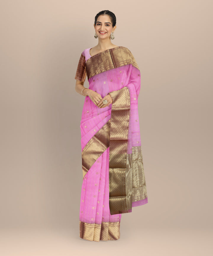 Pink golden jari buti chanderi cotton silk handwoven saree