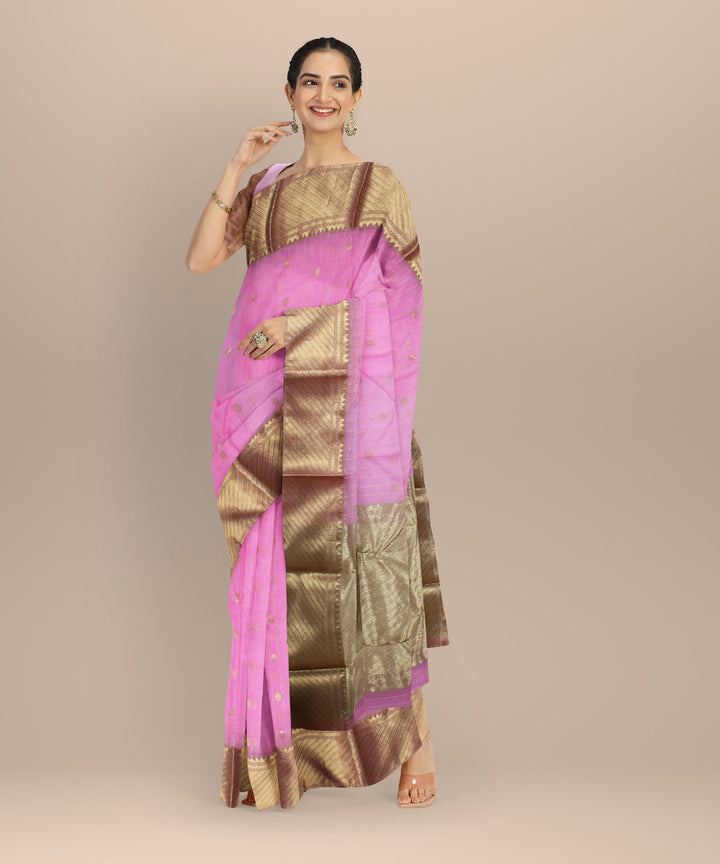Pink golden jari buti chanderi cotton silk handwoven saree