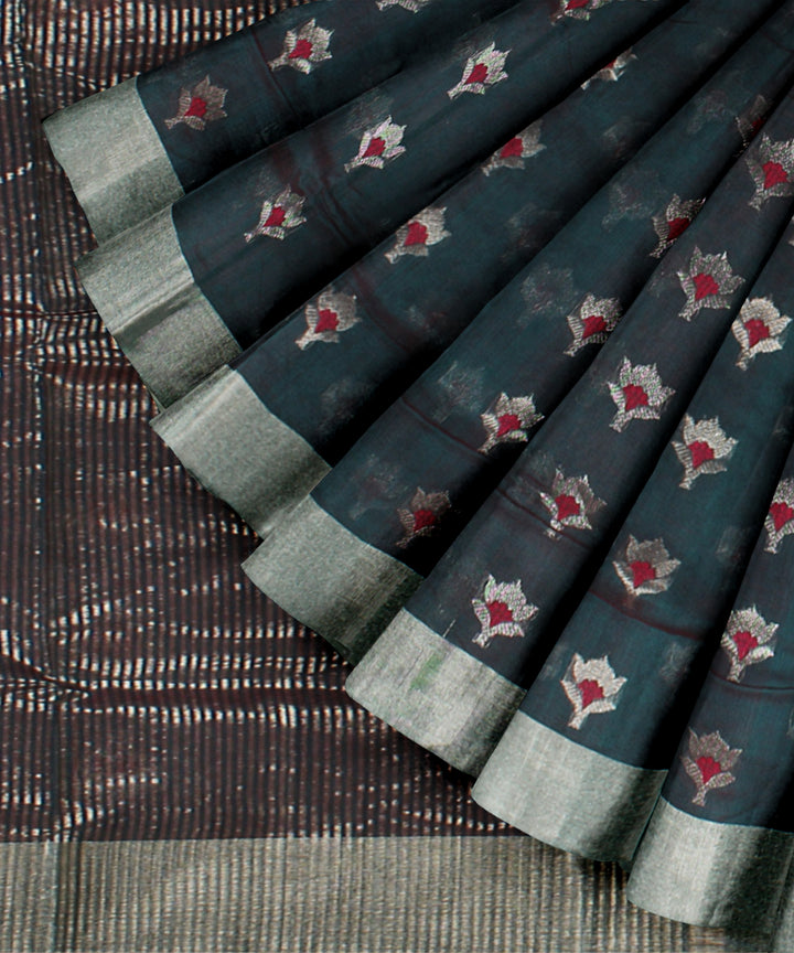 Dark green red silver jari buti chanderi cotton silk handwoven saree