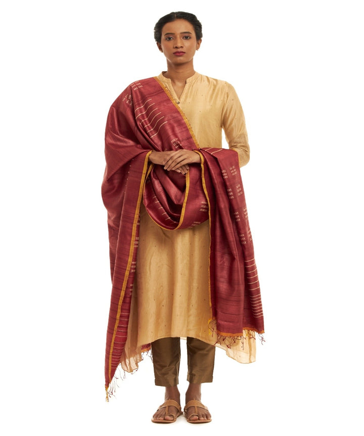 Maroon tussar silk hand woven kosa dupatta
