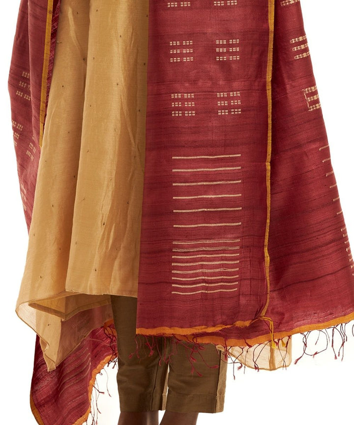 Maroon tussar silk hand woven kosa dupatta