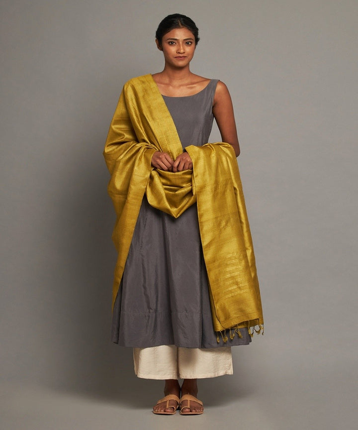 Yellow ochre tussar silk handwoven kosa dupatta