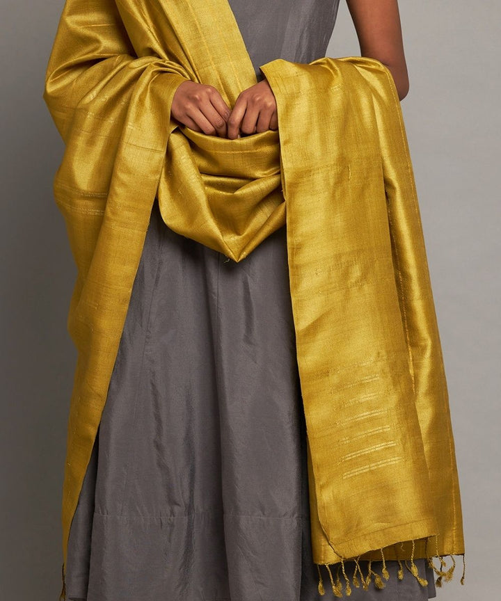 Yellow ochre tussar silk handwoven kosa dupatta