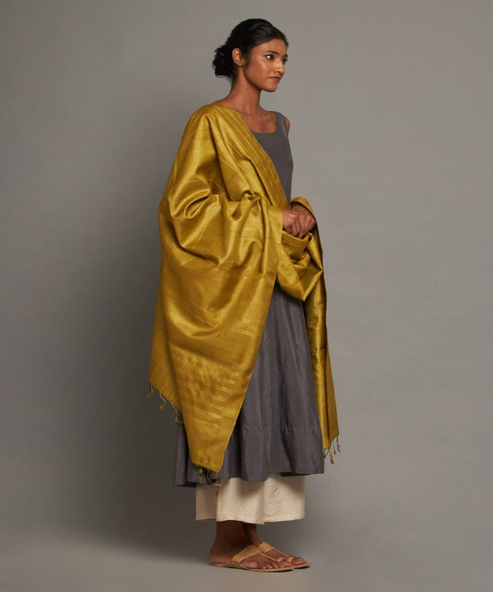 Yellow ochre tussar silk handwoven kosa dupatta