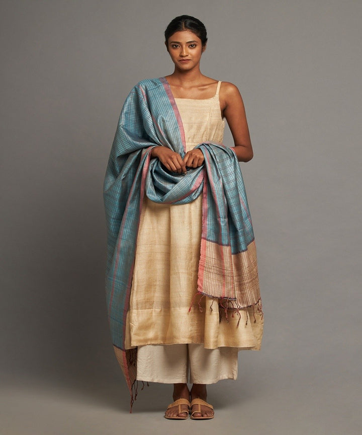 Teal blue tussar silk handwoven kosa dupatta