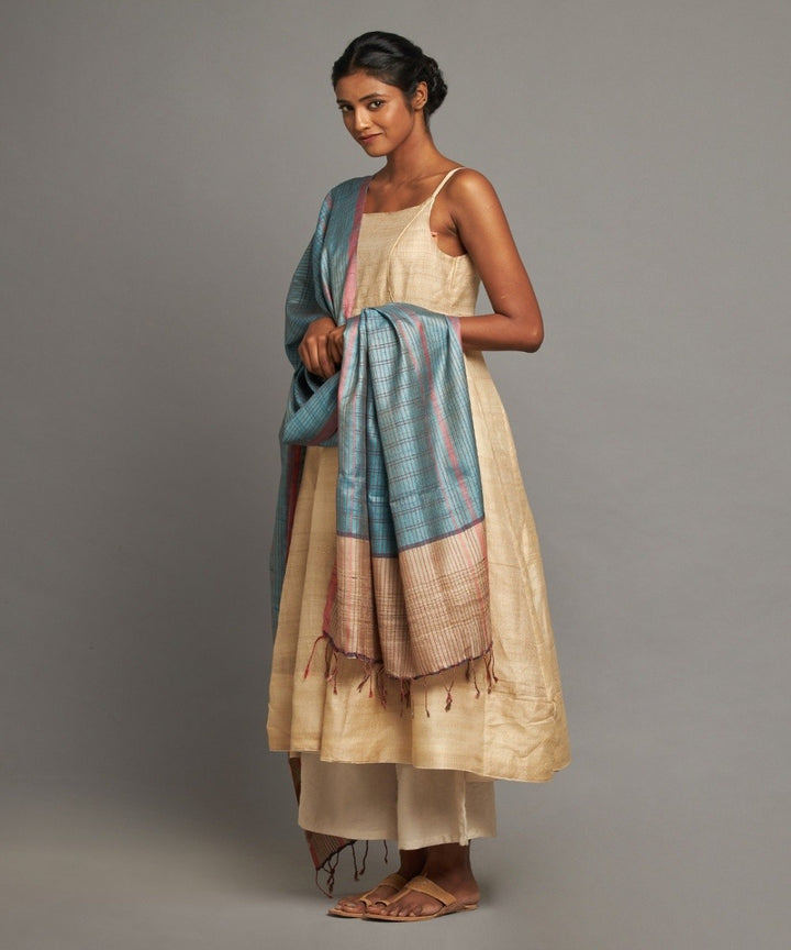 Teal blue tussar silk handwoven kosa dupatta