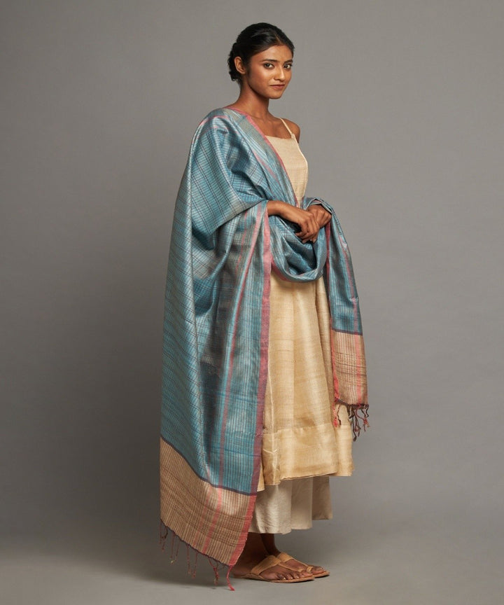 Teal blue tussar silk handwoven kosa dupatta