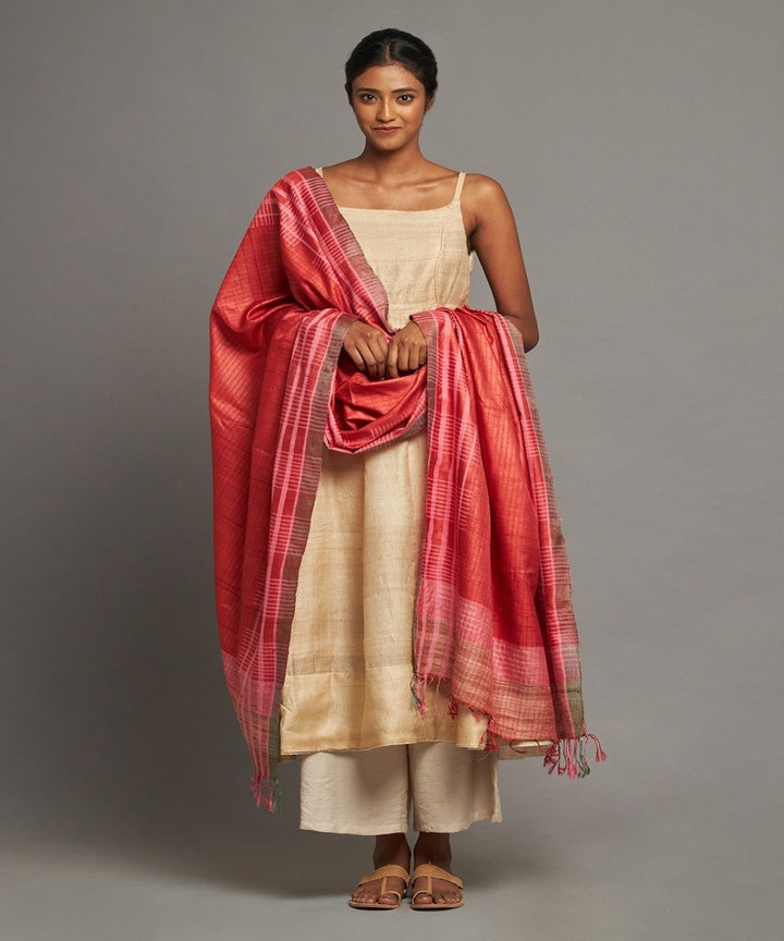 Red tussar silk handloom kosa dupatta