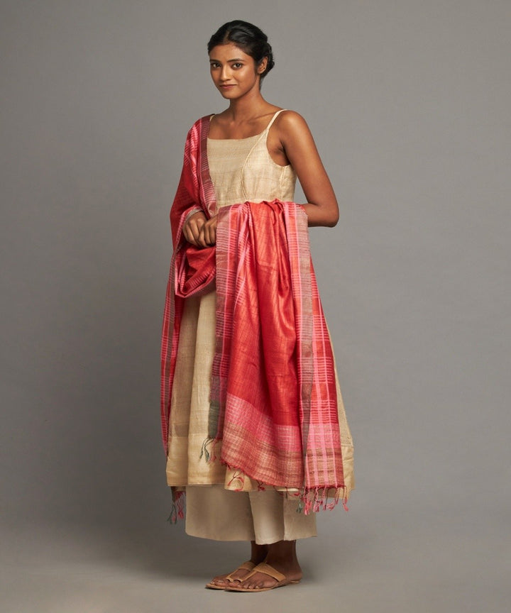 Red tussar silk handloom kosa dupatta