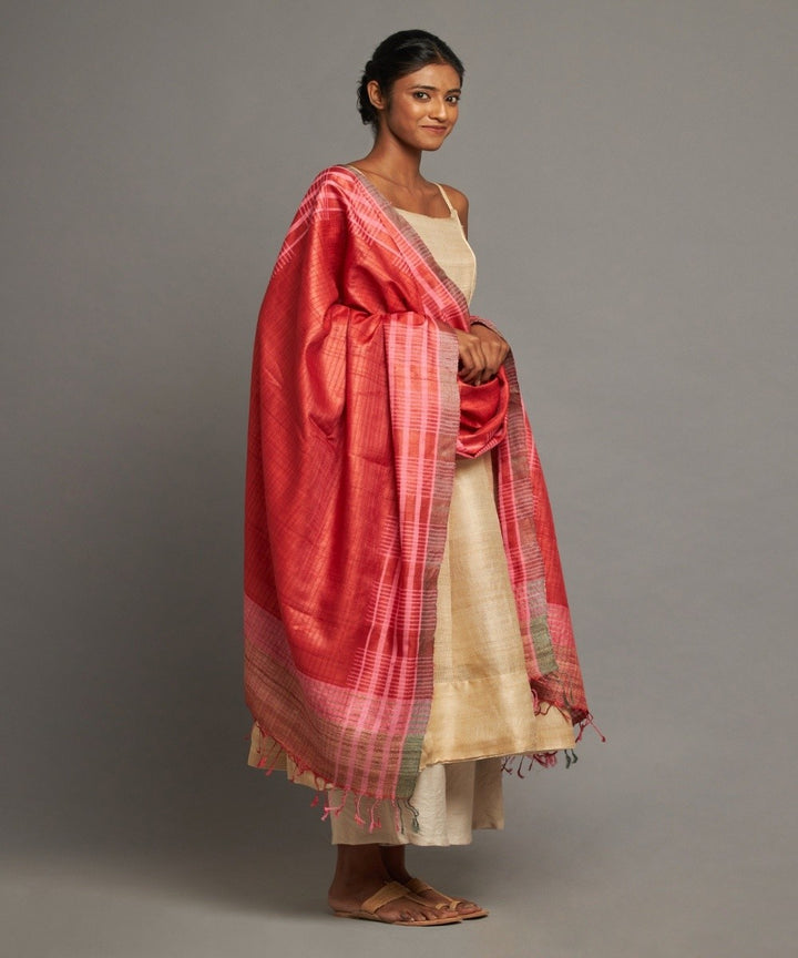 Red tussar silk handloom kosa dupatta