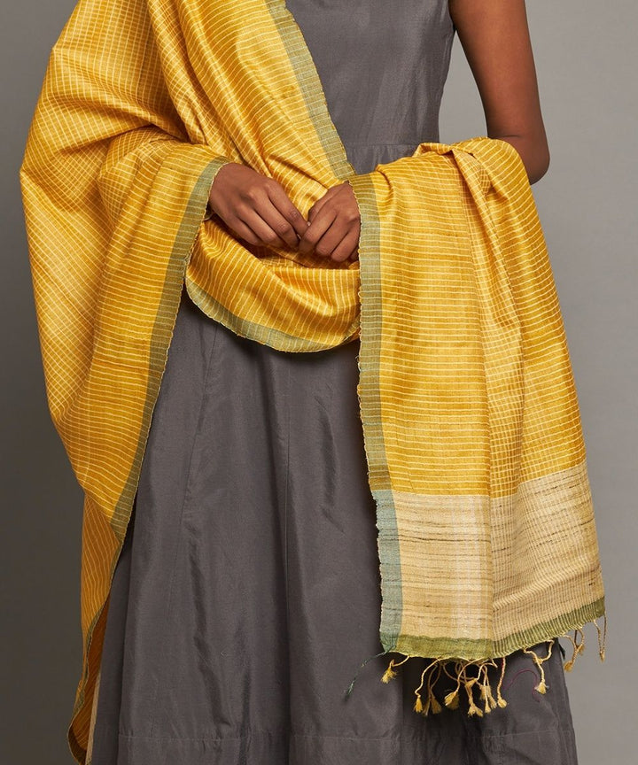 Yellow tussar silk handwoven kosa dupatta
