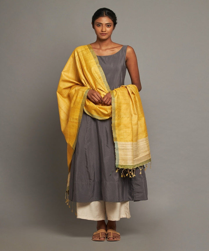 Yellow tussar silk handwoven kosa dupatta