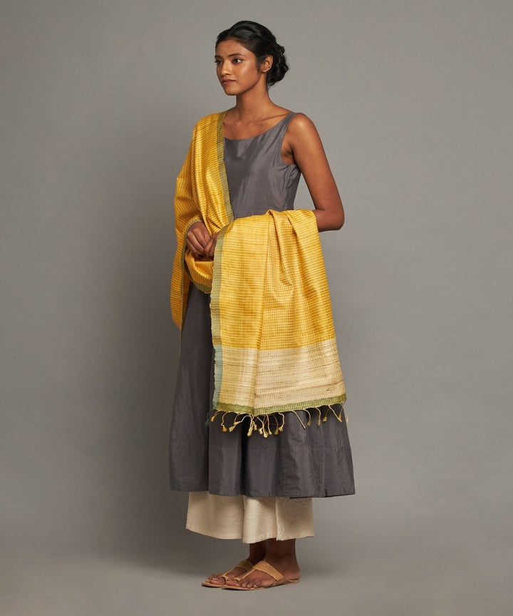 Yellow tussar silk handwoven kosa dupatta